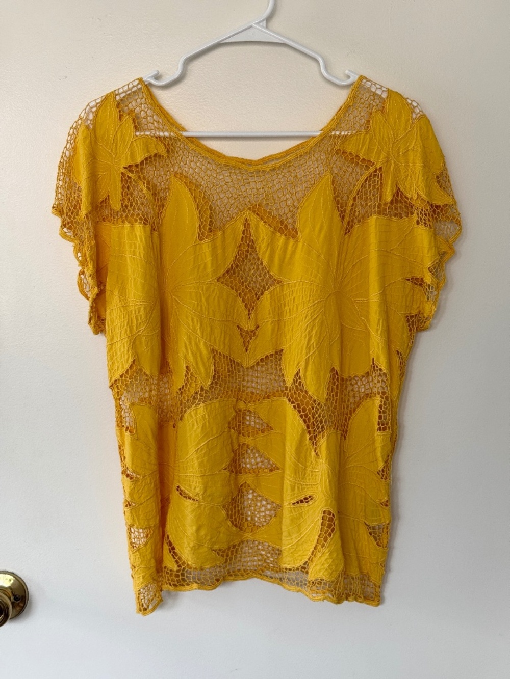 Vintage 90s Bali Handmade Yellow Floral Lace Mesh Top Rayon Resort Boho